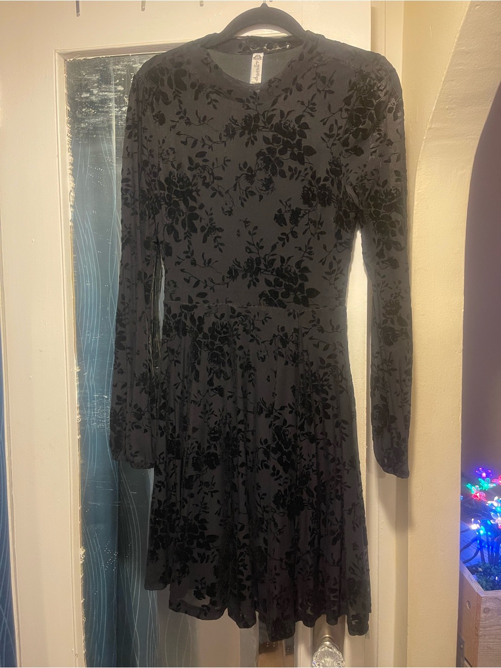 American Rag Black Floral Burnout Velvet Long-Sleeve Dress